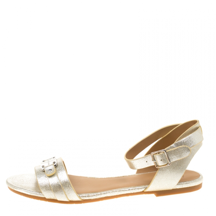 Pre Owned Marc by Marc Jacobs Silver Metallic Finish Leather Flat Sandals Size 37