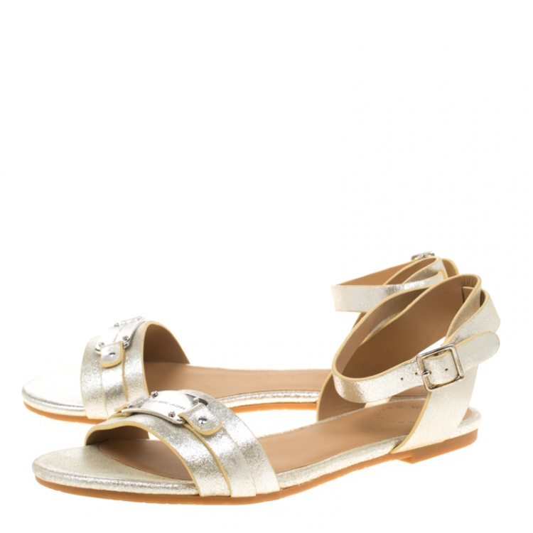 Pre Owned Marc by Marc Jacobs Silver Metallic Finish Leather Flat Sandals Size 37
