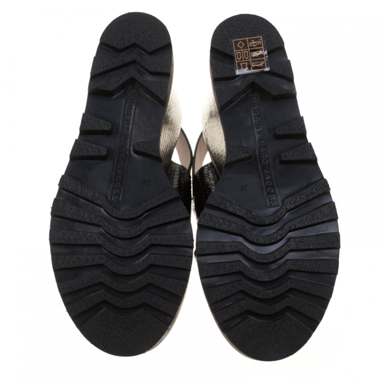 Pre Owned Marc by Marc Jacobs Black Embossed Snakeskin Leather Irving Cross Strap Wedge Sandals Size 38