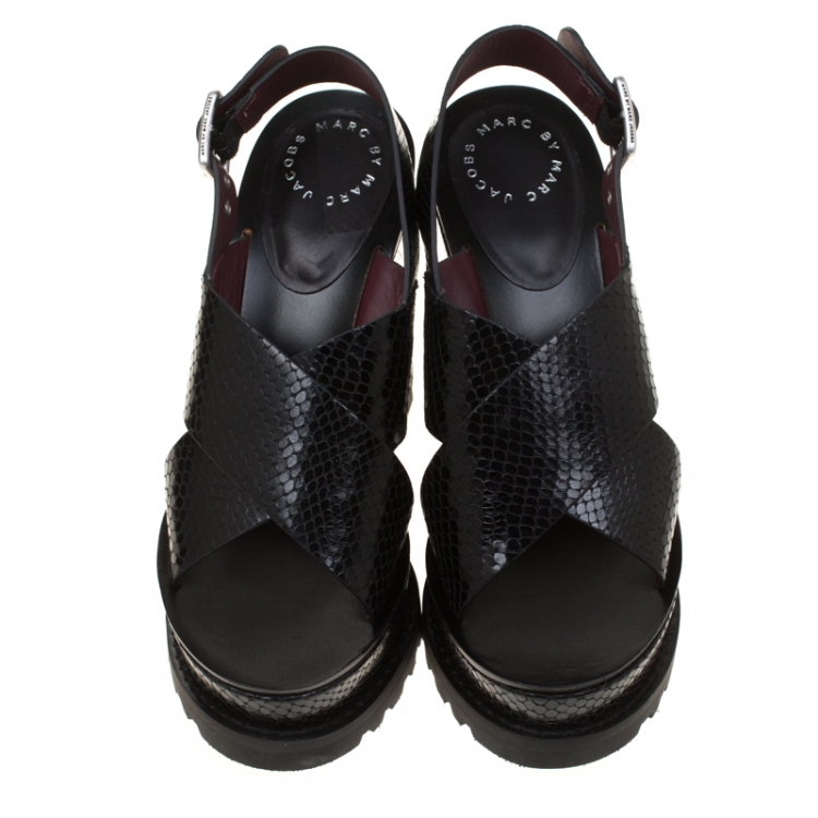 Pre Owned Marc by Marc Jacobs Black Embossed Snakeskin Leather Irving Cross Strap Wedge Sandals Size 38