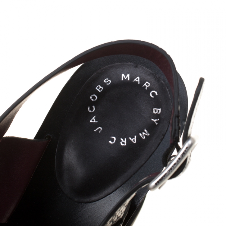 Pre Owned Marc by Marc Jacobs Black Embossed Snakeskin Leather Irving Cross Strap Wedge Sandals Size 38
