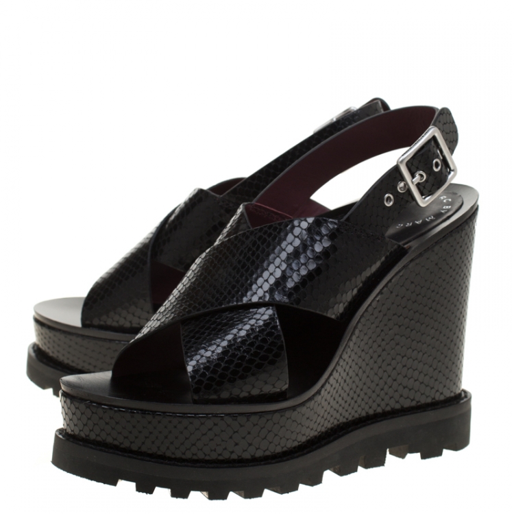 Pre Owned Marc by Marc Jacobs Black Embossed Snakeskin Leather Irving Cross Strap Wedge Sandals Size 38