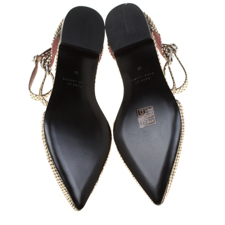 Pre Owned Marc by Marc Jacobs Metallic Gold Embossed Snakeskin Leather Minetta Ankle Strap Flat Sandals Size 38