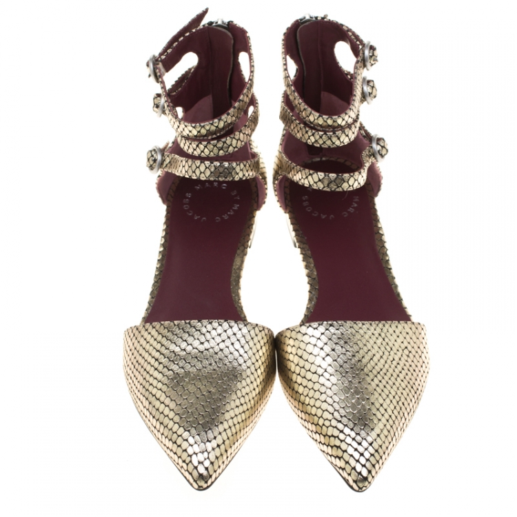 Pre Owned Marc by Marc Jacobs Metallic Gold Embossed Snakeskin Leather Minetta Ankle Strap Flat Sandals Size 38
