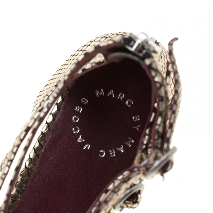 Pre Owned Marc by Marc Jacobs Metallic Gold Embossed Snakeskin Leather Minetta Ankle Strap Flat Sandals Size 38