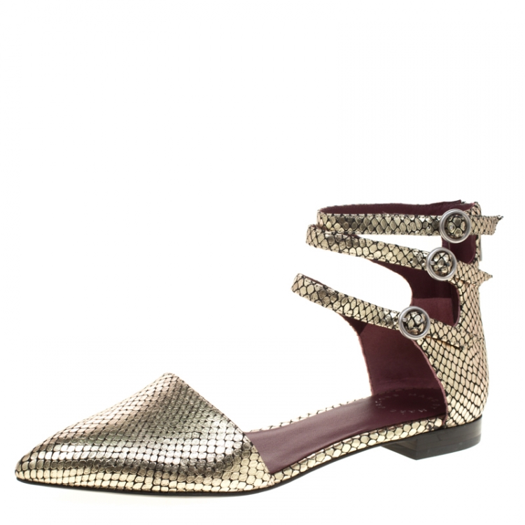 Pre Owned Marc by Marc Jacobs Metallic Gold Embossed Snakeskin Leather Minetta Ankle Strap Flat Sandals Size 38
