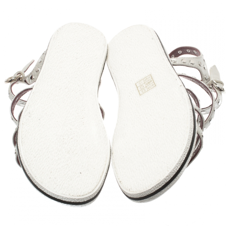 Pre Owned Marc by Marc Jacobs Metallic Silver Leather Gena Studded Ankle Strap Flat Sandals Size 36.5