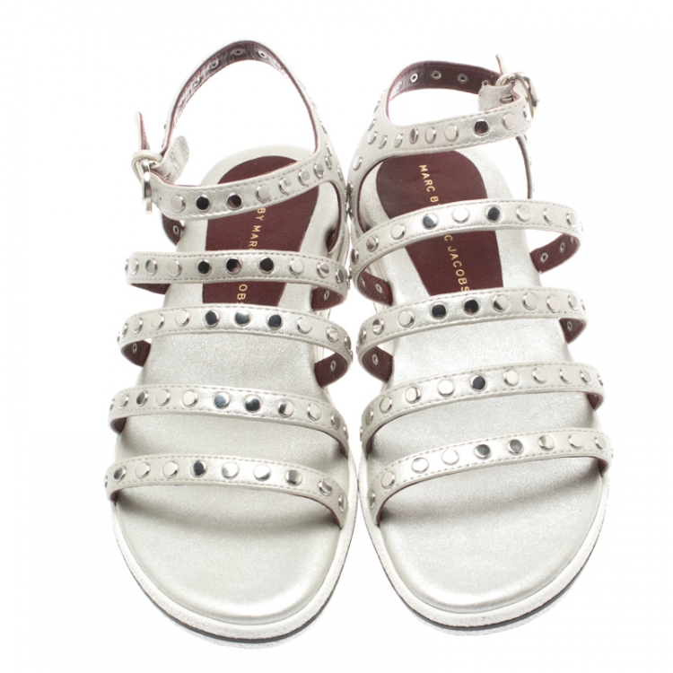 Pre Owned Marc by Marc Jacobs Metallic Silver Leather Gena Studded Ankle Strap Flat Sandals Size 36.5