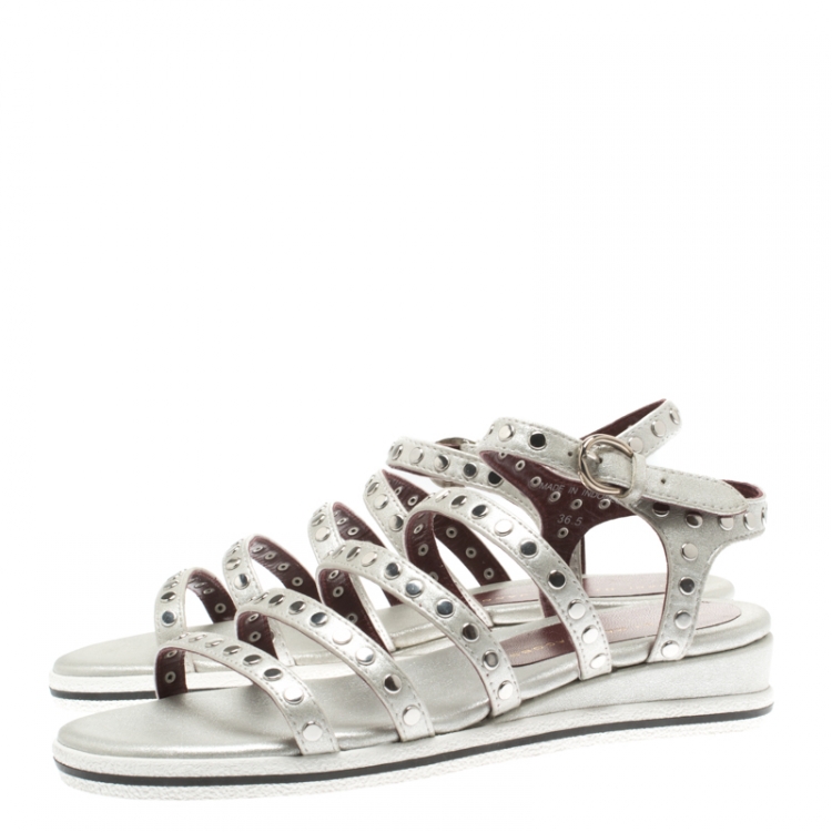 Pre Owned Marc by Marc Jacobs Metallic Silver Leather Gena Studded Ankle Strap Flat Sandals Size 36.5