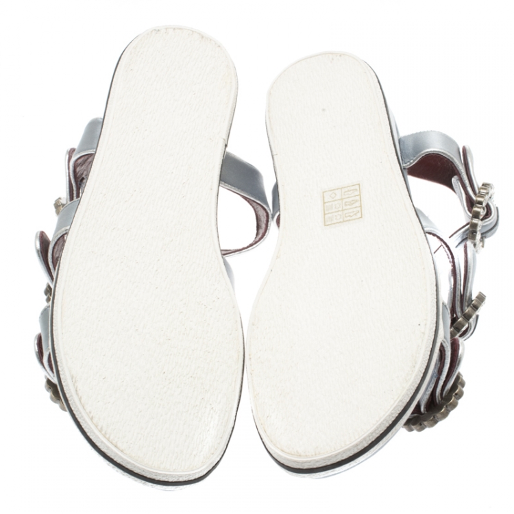 Pre Owned Marc By Marc Jacobs Grey Satin Crystal Embellished Buckle Flat Strappy Sandals Size 36