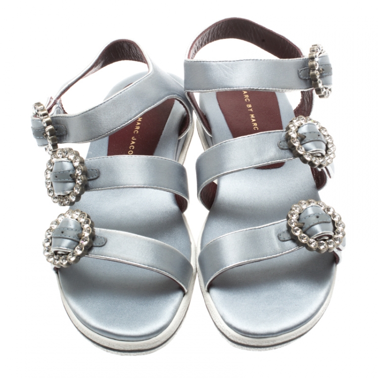 Pre Owned Marc By Marc Jacobs Grey Satin Crystal Embellished Buckle Flat Strappy Sandals Size 36