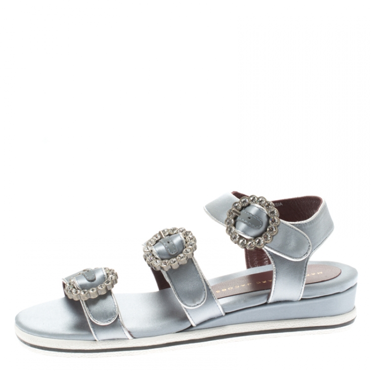 Pre Owned Marc By Marc Jacobs Grey Satin Crystal Embellished Buckle Flat Strappy Sandals Size 36