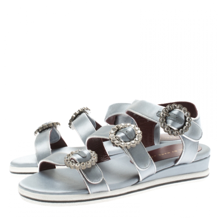 Pre Owned Marc By Marc Jacobs Grey Satin Crystal Embellished Buckle Flat Strappy Sandals Size 36