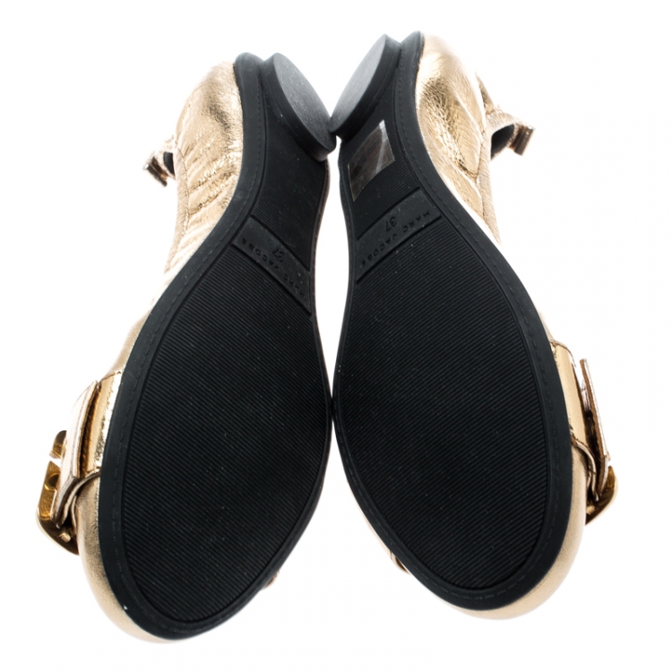 Pre Owned Marc Jacobs Metallic Gold Leather Dolly Buckle Detail Scrunch Ballerina Flats Size 37