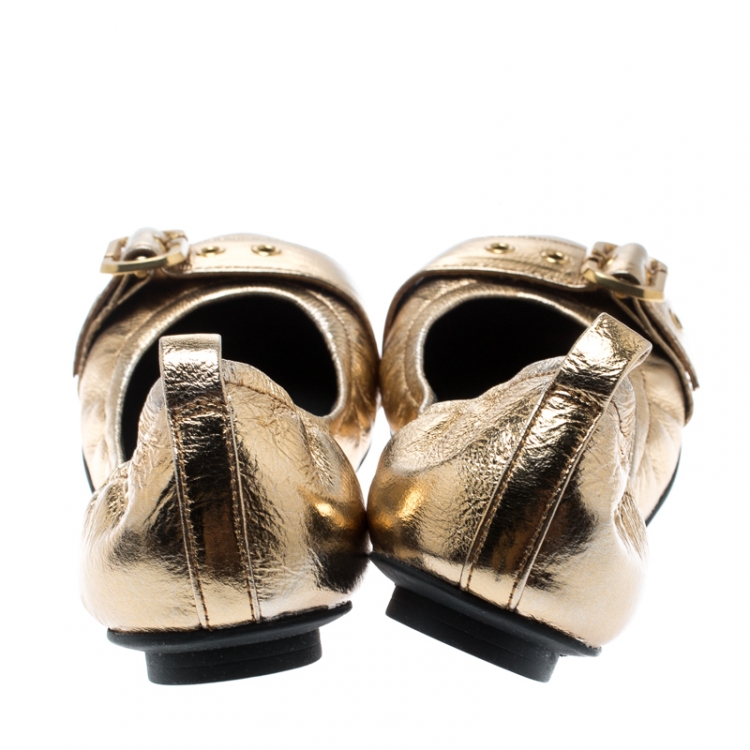 Pre Owned Marc Jacobs Metallic Gold Leather Dolly Buckle Detail Scrunch Ballerina Flats Size 37