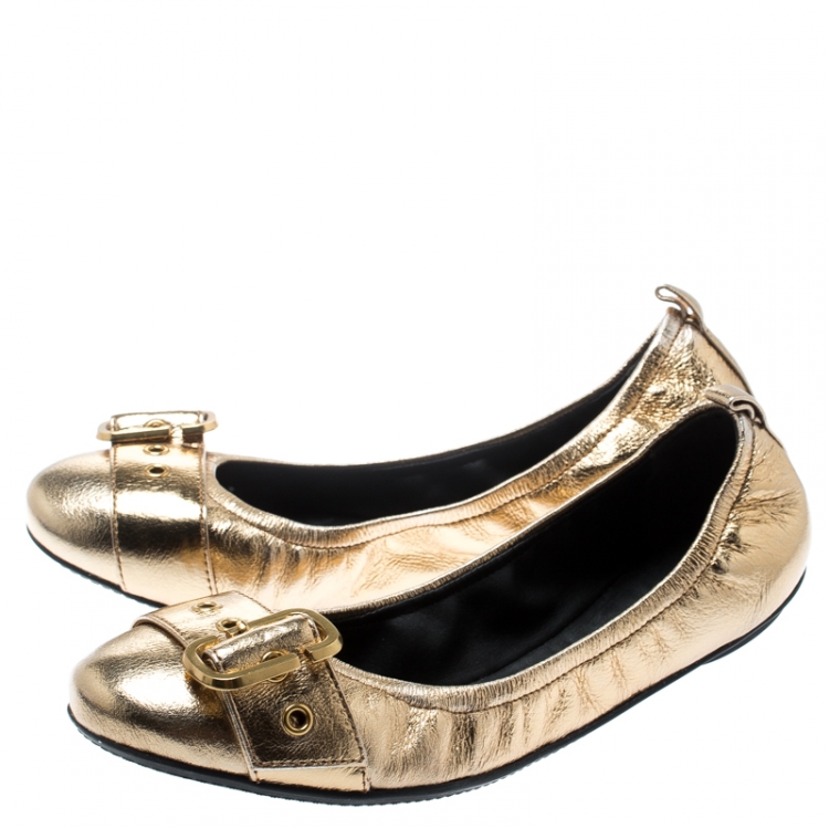 Pre Owned Marc Jacobs Metallic Gold Leather Dolly Buckle Detail Scrunch Ballerina Flats Size 37