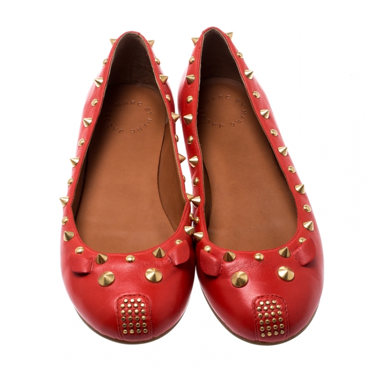Pre Owned Marc by Marc Jacobs Red Leather Spike Mouse Ballet Flats Size 37.5