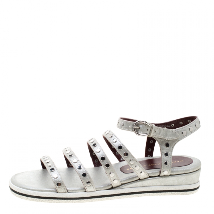 Pre Owned Marc by Marc Jacobs Metallic Silver Leather Gena Studded Ankle Strap Flat Sandals Size 36.5