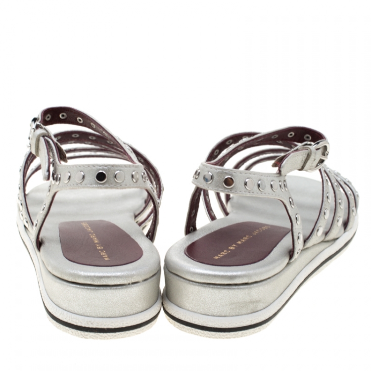Pre Owned Marc by Marc Jacobs Metallic Silver Leather Gena Studded Ankle Strap Flat Sandals Size 36.5