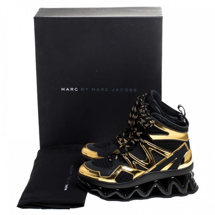 Pre Owned Marc by Marc Jacobs Black/Gold Leather And Mesh Spring Platform High Top Sneakers Size 37