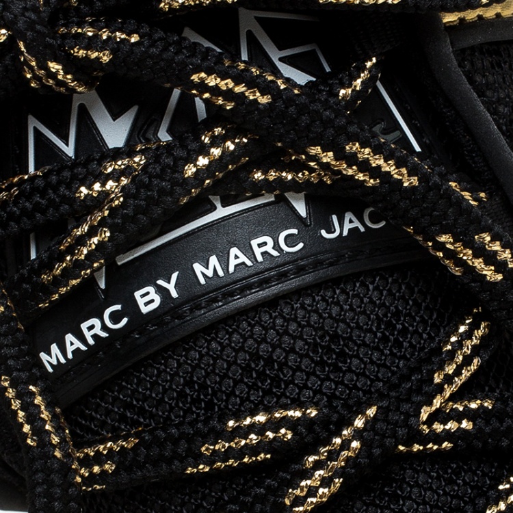 Pre Owned Marc by Marc Jacobs Black/Gold Leather And Mesh Spring Platform High Top Sneakers Size 37