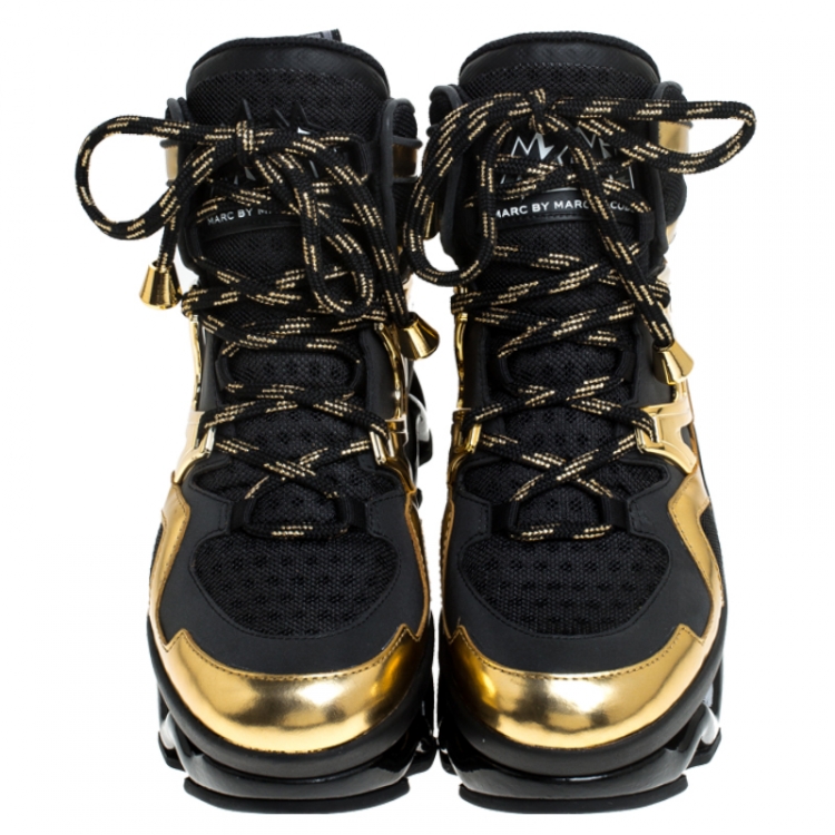 Pre Owned Marc by Marc Jacobs Black/Gold Leather And Mesh Spring Platform High Top Sneakers Size 39