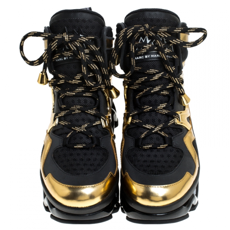 Pre Owned Marc by Marc Jacobs Black/Gold Leather And Mesh Spring Platform High Top Sneakers Size 38