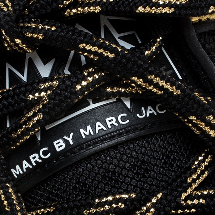 Pre Owned Marc by Marc Jacobs Black/Gold Leather And Mesh Spring Platform High Top Sneakers Size 38