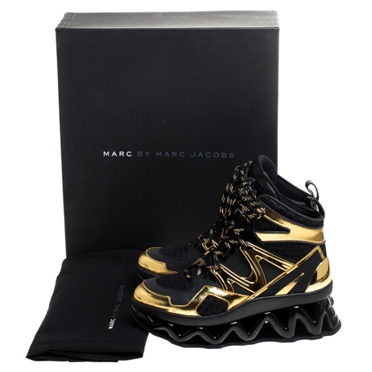 Pre Owned Marc by Marc Jacobs Black/Gold Leather And Mesh Spring Platform High Top Sneakers Size 38