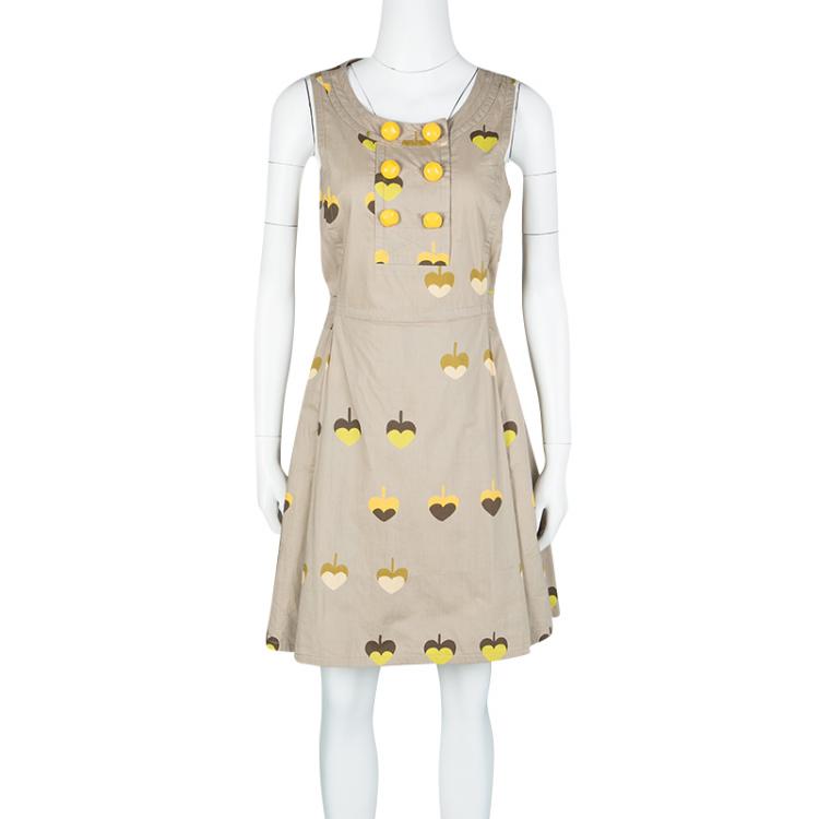 Pre Owned Marc by Marc Jacobs Beige Printed Cotton Tie Detail Double Breasted Sleeveless Dress S