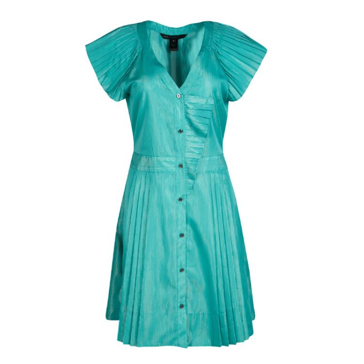 Pre Owned Marc by Marc Jacobs Blue Lurex Striped Pleat Detail Button Front Dress M