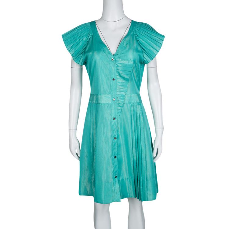 Pre Owned Marc by Marc Jacobs Blue Lurex Striped Pleat Detail Button Front Dress M