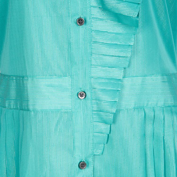 Pre Owned Marc by Marc Jacobs Blue Lurex Striped Pleat Detail Button Front Dress M