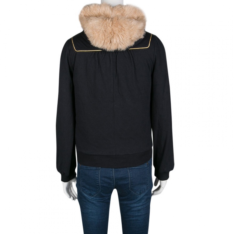 Pre Owned Marc by Marc Jacobs Navy Blue Gold Trim Faux Fur Hooded Shearling Sweatshirt S