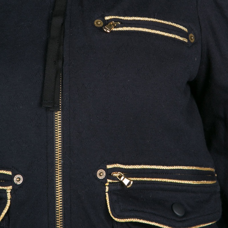 Pre Owned Marc by Marc Jacobs Navy Blue Gold Trim Faux Fur Hooded Shearling Sweatshirt S