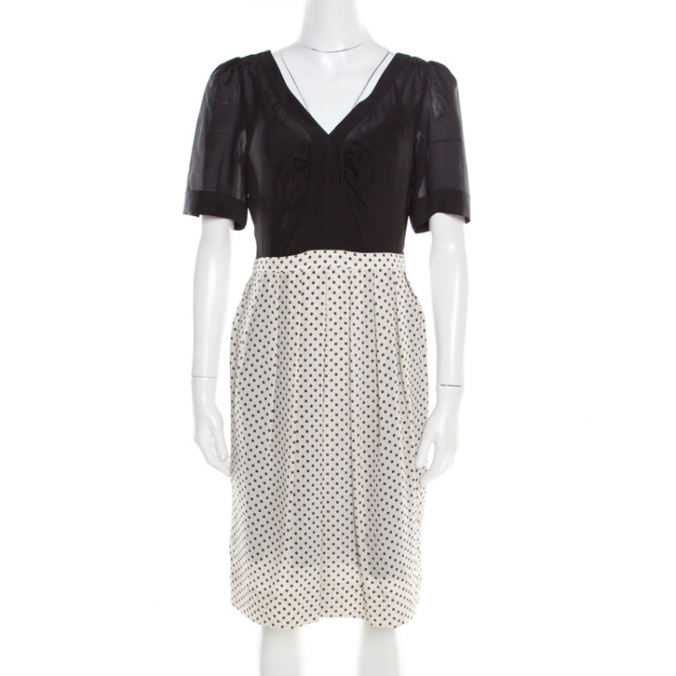 Pre Owned Marc by Marc Jacobs Monochrome Printed Silk Silver Birch Dress M