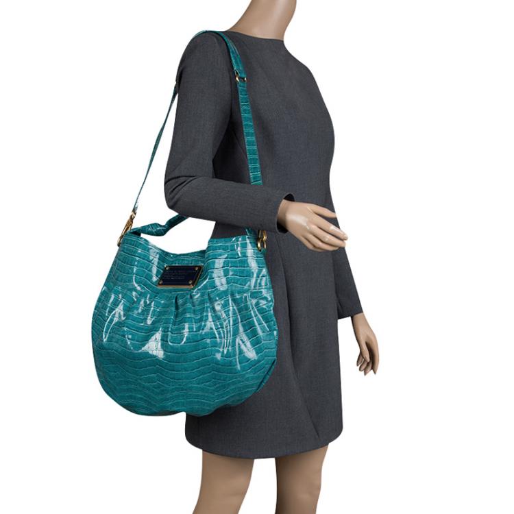 Pre Owned Marc By Marc Jacobs Blue Green Croc Embossed Coated Fabric Hobo