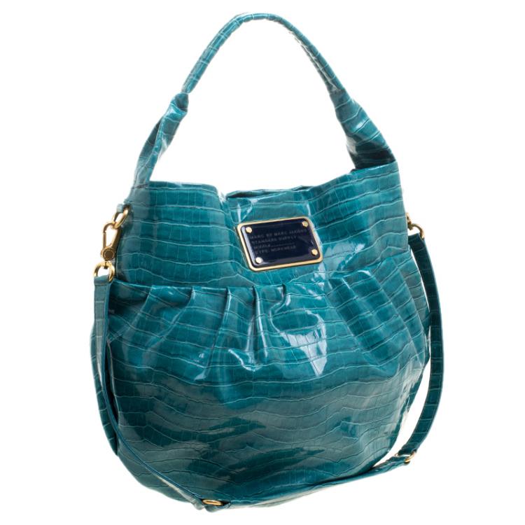 Pre Owned Marc By Marc Jacobs Blue Green Croc Embossed Coated Fabric Hobo