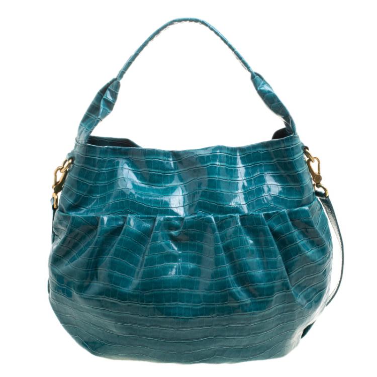 Pre Owned Marc By Marc Jacobs Blue Green Croc Embossed Coated Fabric Hobo