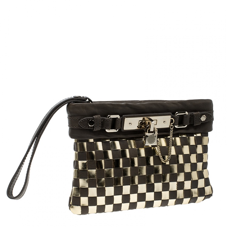 Pre Owned Marc by Marc Jacobs Brown/Gold Check Leather Wristlet Clutch