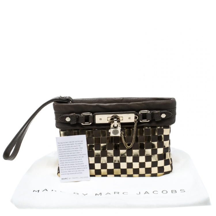 Pre Owned Marc by Marc Jacobs Brown/Gold Check Leather Wristlet Clutch