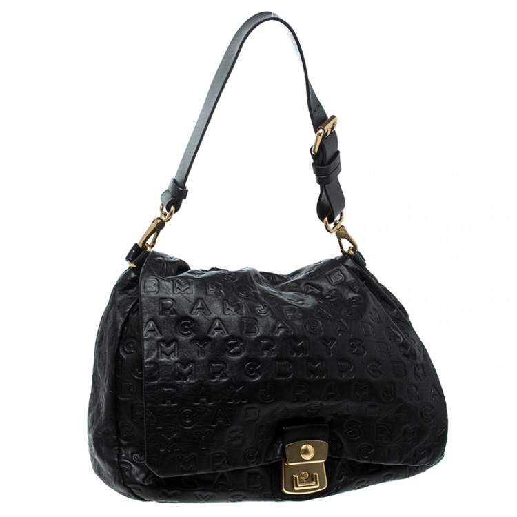 مملوكة مسبقًا Marc By Marc Jacobs Black Dreamy Logo Leather Puckered Mouse Hobo