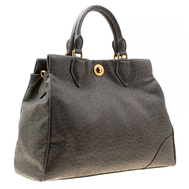 Pre Owned Marc by Marc Jacobs Grey Ostrich Embossed Leather Ozzie Square Lucy Top Handle Bag