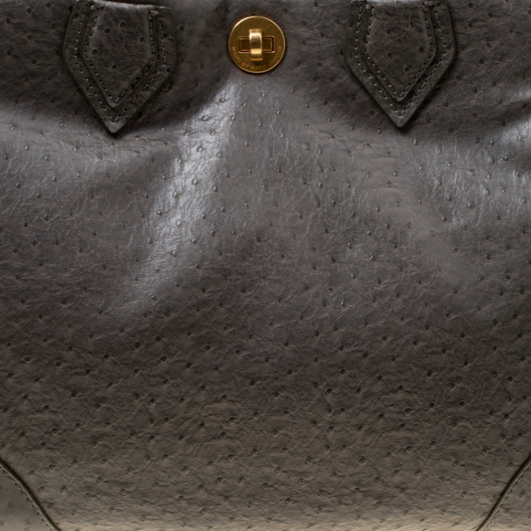 Pre Owned Marc by Marc Jacobs Grey Ostrich Embossed Leather Ozzie Square Lucy Top Handle Bag