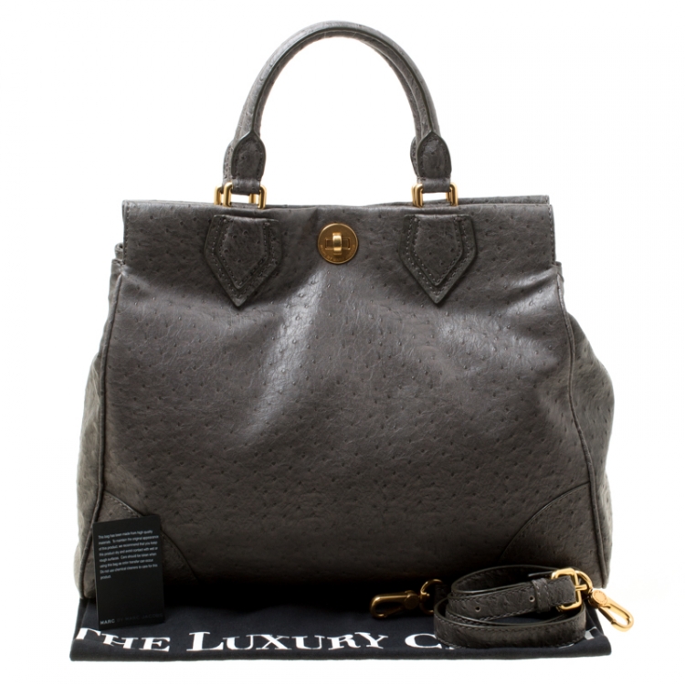 Pre Owned Marc by Marc Jacobs Grey Ostrich Embossed Leather Ozzie Square Lucy Top Handle Bag