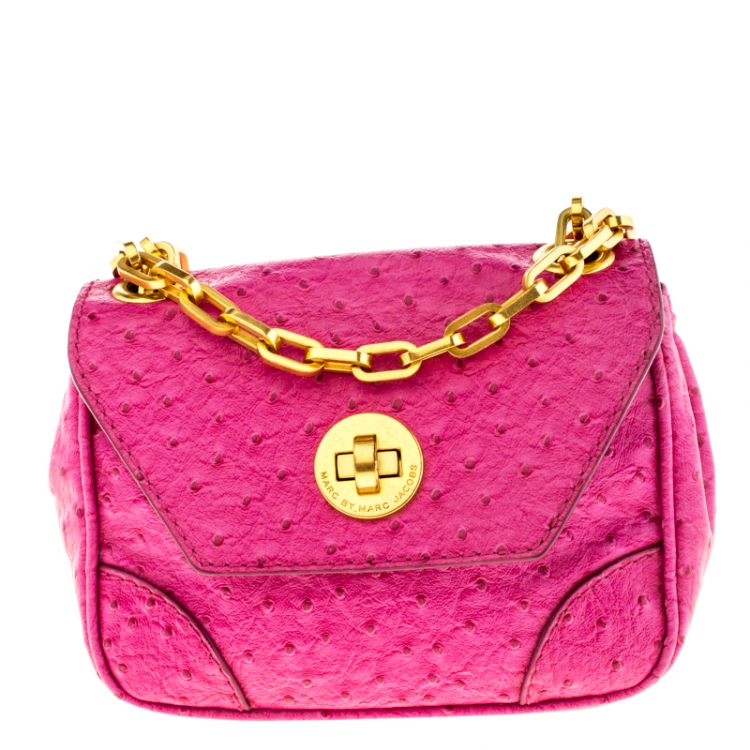 Hot Pink Ostrich Embossed Crossbody Leather Handbags Classics Bag