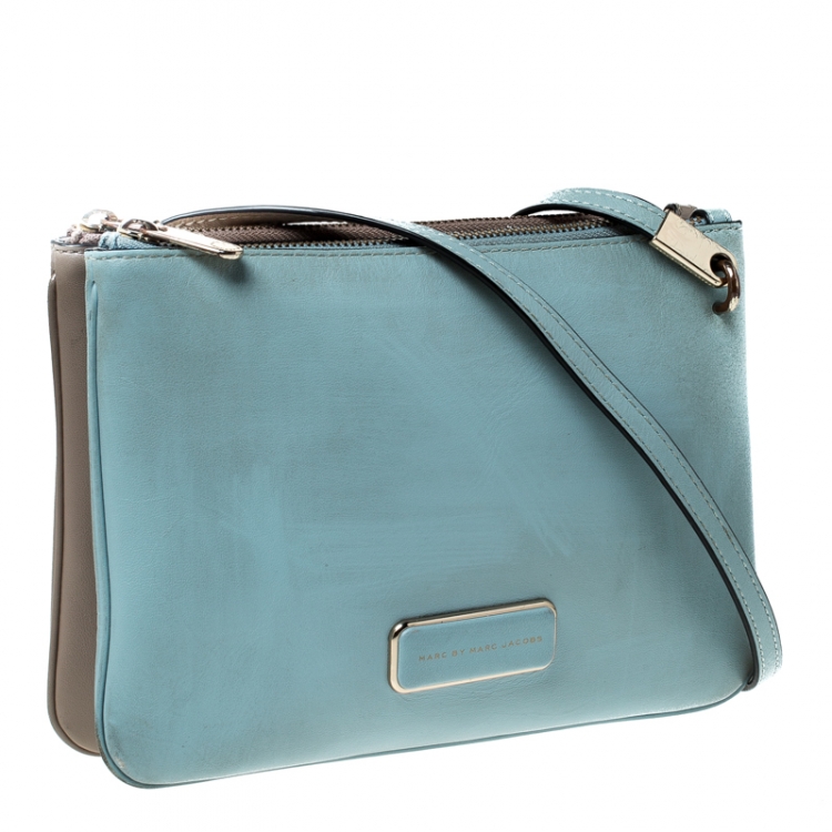 Pre Owned Marc By Marc Jacobs Light Blue/Beige Leather Ligero Double Percy Crossbody Bag
