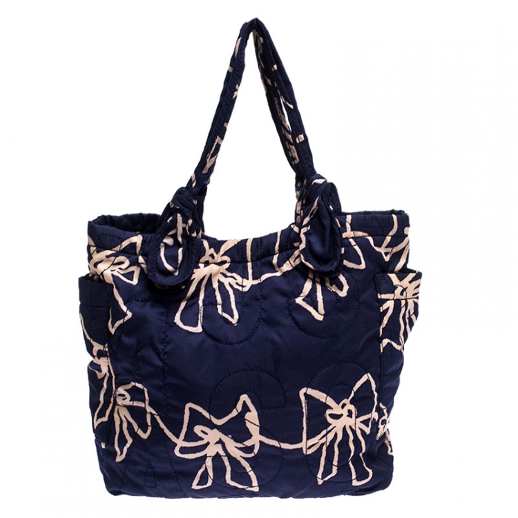 Pre Owned Marc by Marc Jacobs Navy Blue/Pink Printed Bow Nylon Tate Tote