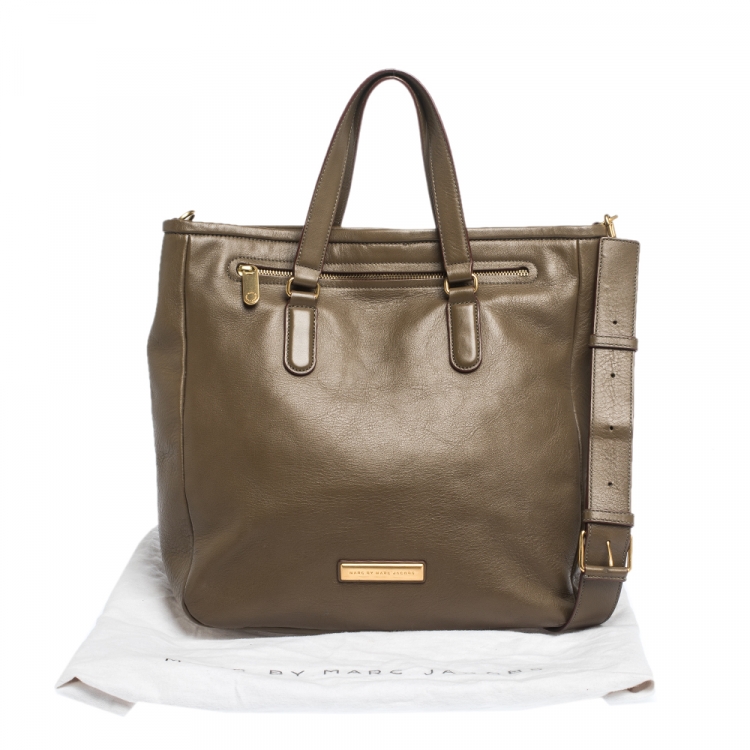 Pre Owned Marc by Marc Jacobs Olive Green Leather Front Zip Pocket Tote