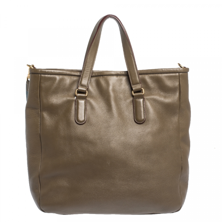 Pre Owned Marc by Marc Jacobs Olive Green Leather Front Zip Pocket Tote